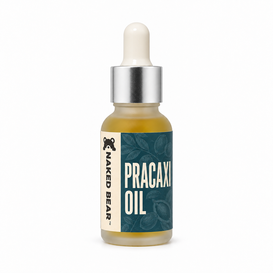 Naked Bear Pracaxi Oil in a 0.5 fl oz frosted glass dropper bottle with a deep teal botanical label