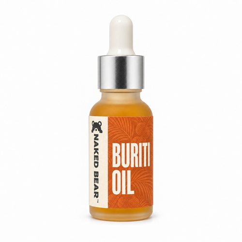 Naked Bear Buriti Oil in a 0.5 fl oz frosted glass dropper bottle with an orange palm label