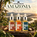 Naked Bear Amazonia Collection: Cacay, Buriti and Pracaxi oils on a rock above the Amazon rainforest at sunrise
