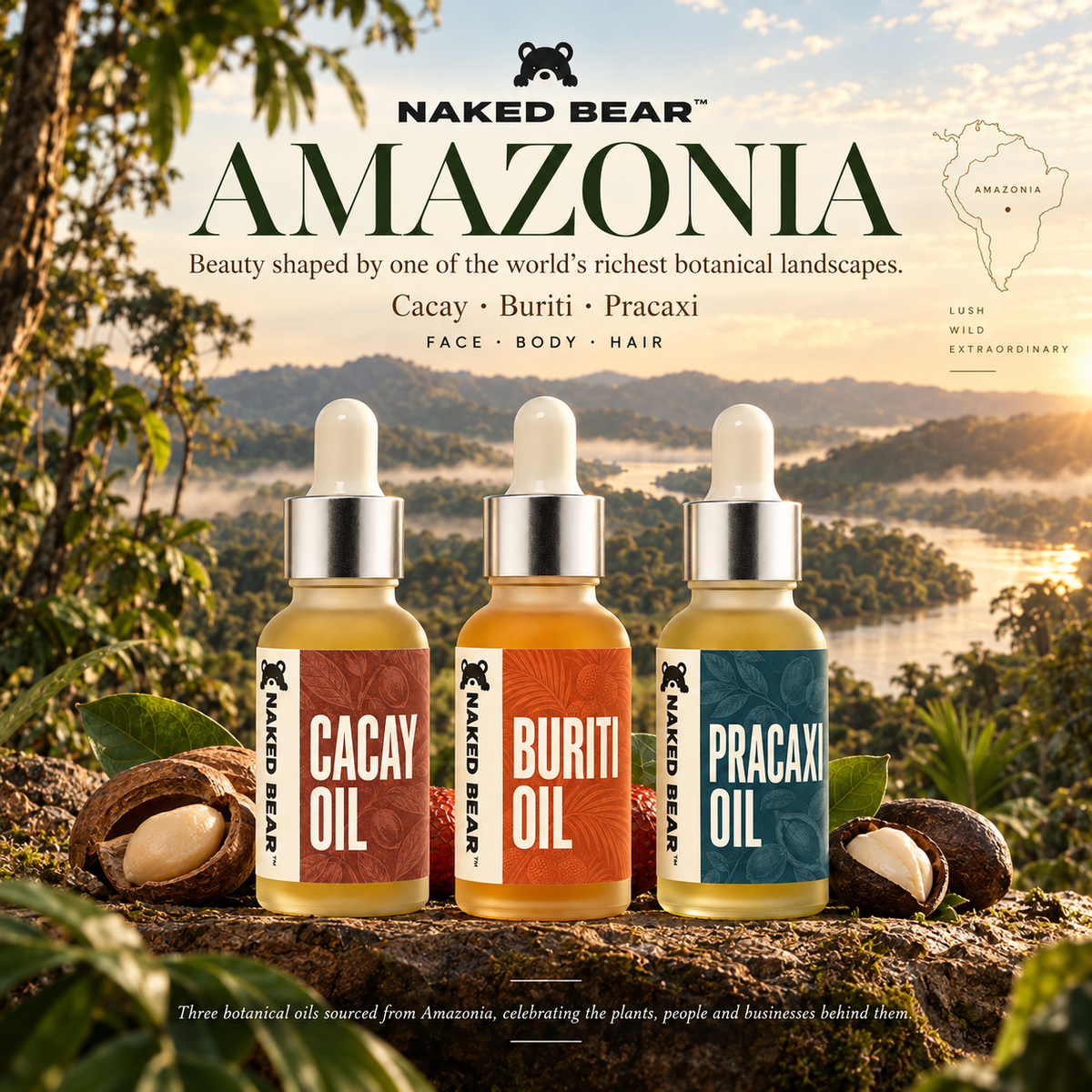 Naked Bear Amazonia Collection: Cacay, Buriti and Pracaxi oils on a rock above the Amazon rainforest at sunrise