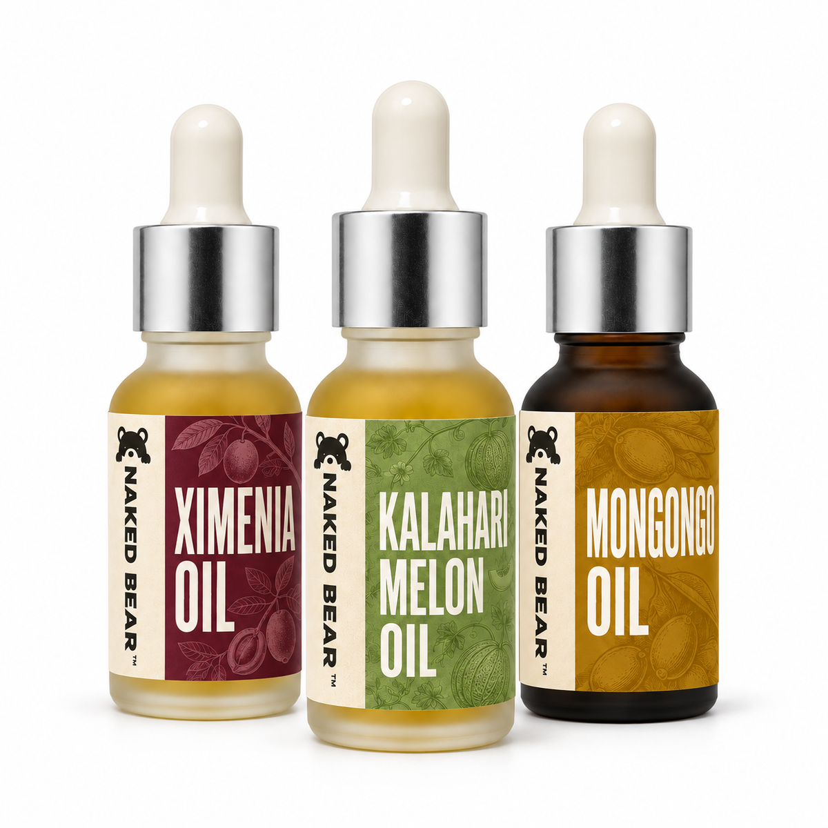 Naked Bear Namibia Collection: Ximenia, Kalahari Melon and Mongongo oils in 0.5 fl oz dropper bottles