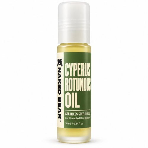 Naked Bear Cyperus Rotundus Oil in a 10 ml frosted glass roll-on bottle with a dark green label