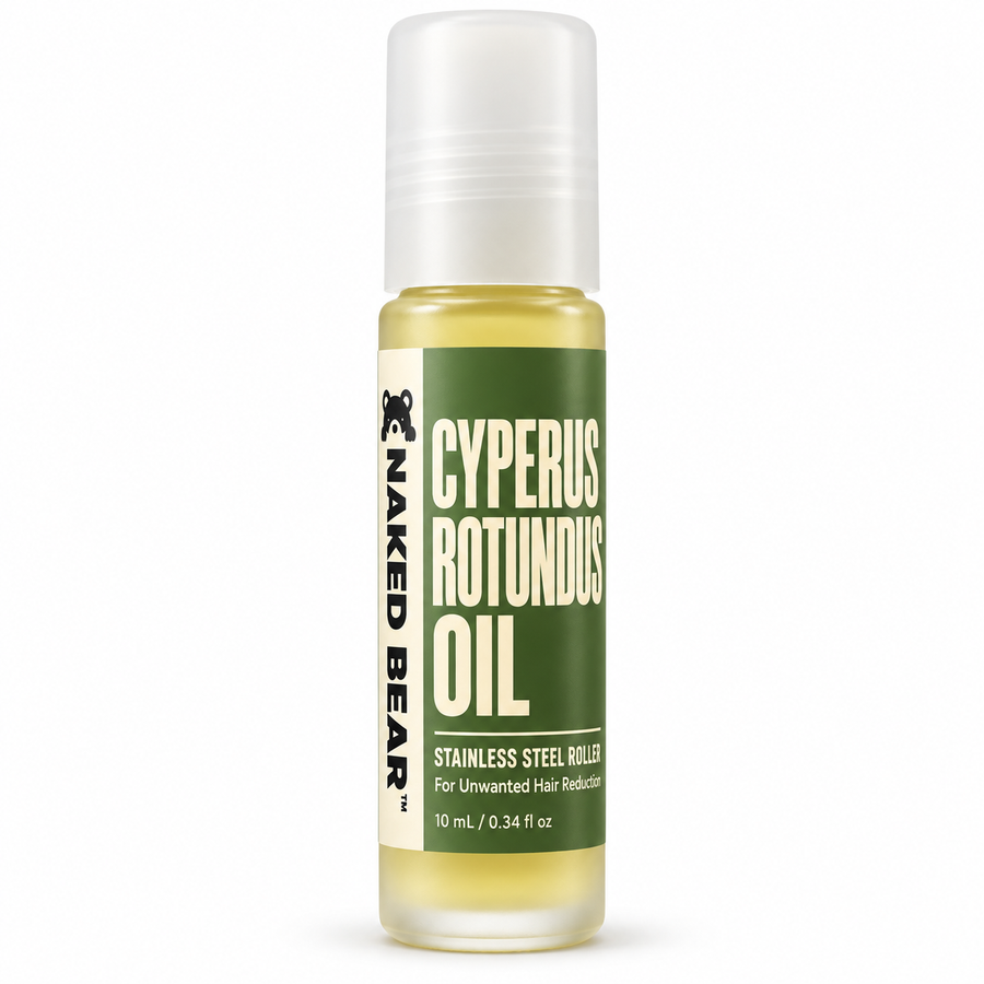 Naked Bear Cyperus Rotundus Oil in a 10 ml frosted glass roll-on bottle with a dark green label